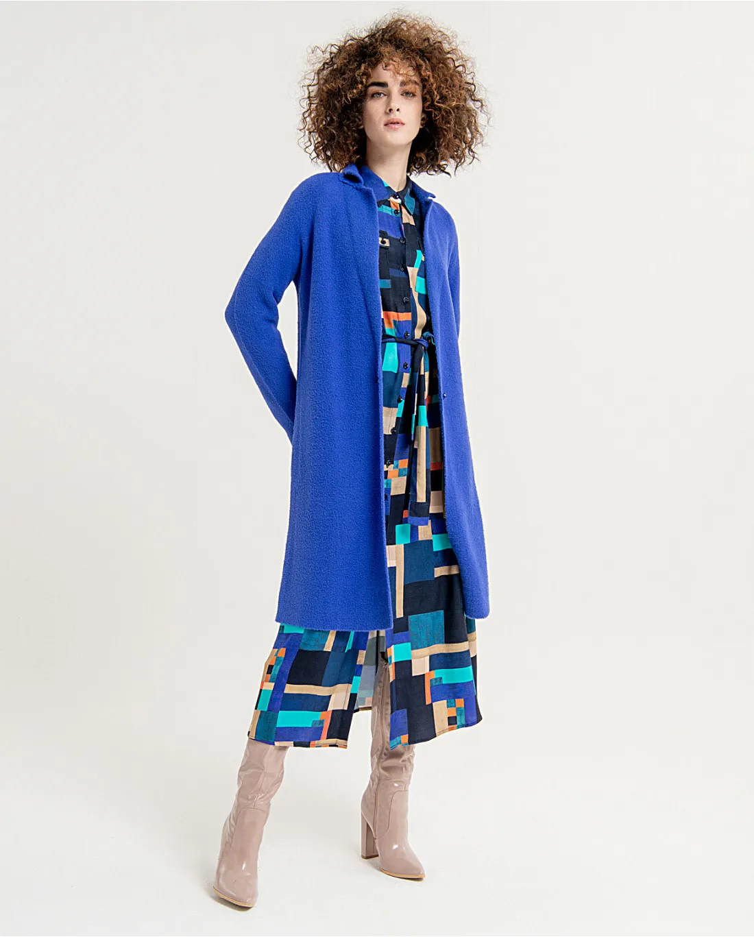 331- Knitted Coat w/ Lapel Collar-Cobalt Blue- Surkana