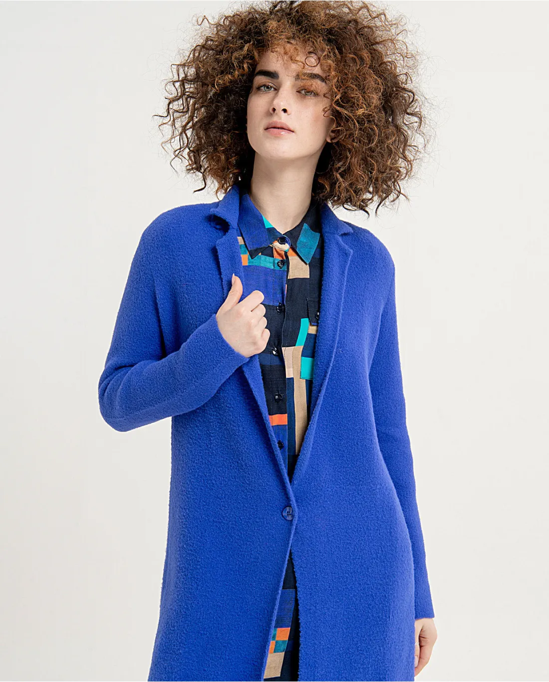 331- Knitted Coat w/ Lapel Collar-Cobalt Blue- Surkana