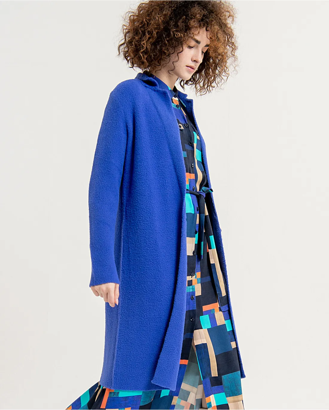 331- Knitted Coat w/ Lapel Collar-Cobalt Blue- Surkana