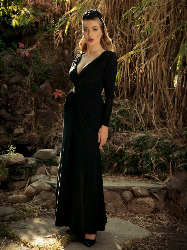 Art Deco Rusched Gown in Black