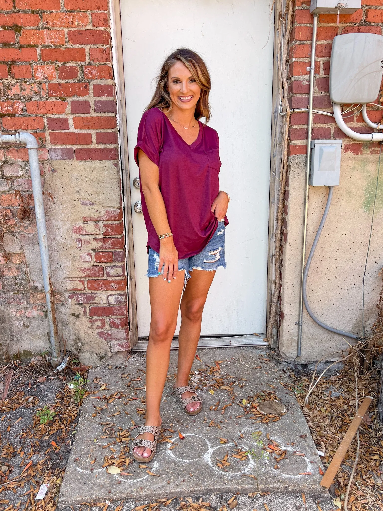 Basic V Neck Top - Burgundy