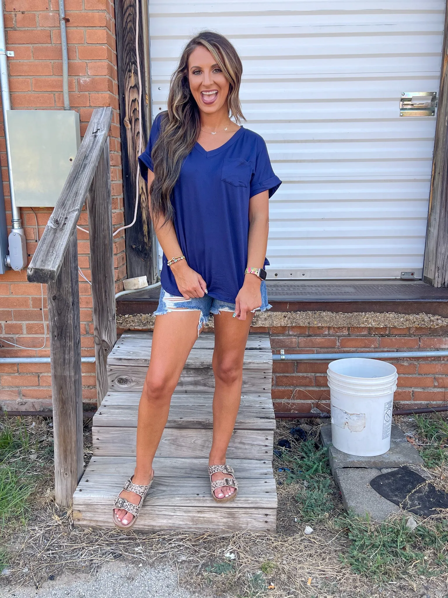 Basic V Neck Top - Navy