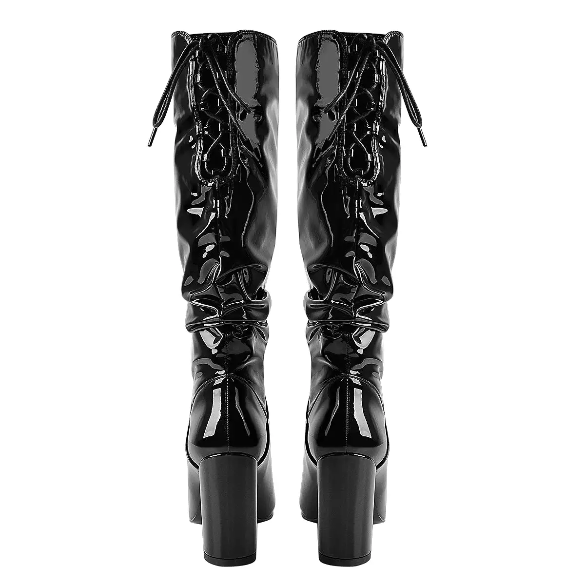 Black Patent Leather Chunky Heels Boots