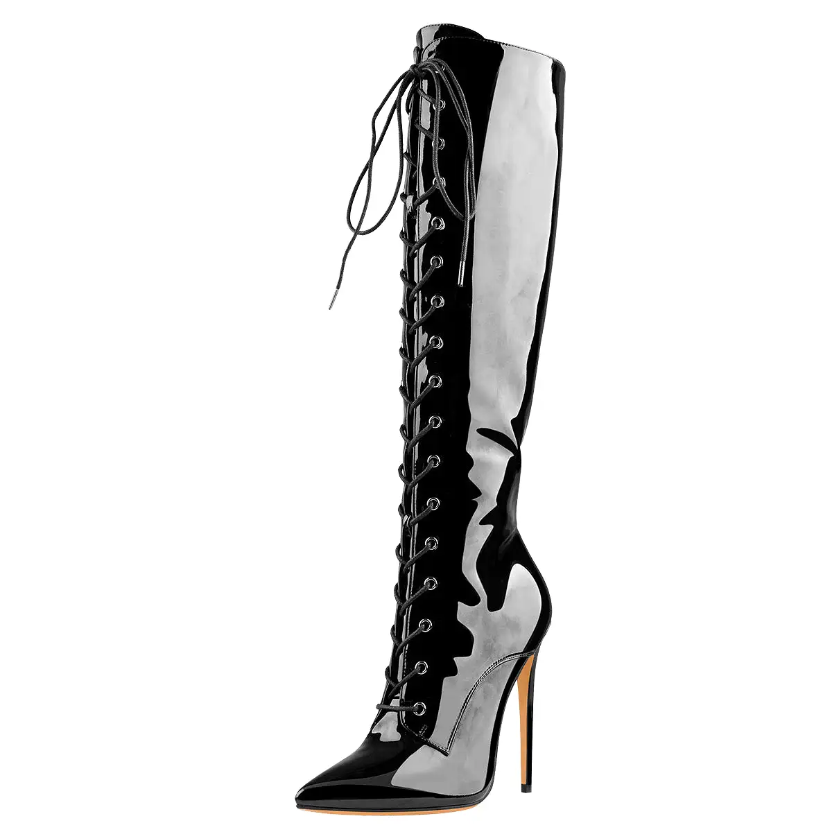 Black Patent Leather Lace Up Pointed Toe Knee High Boots