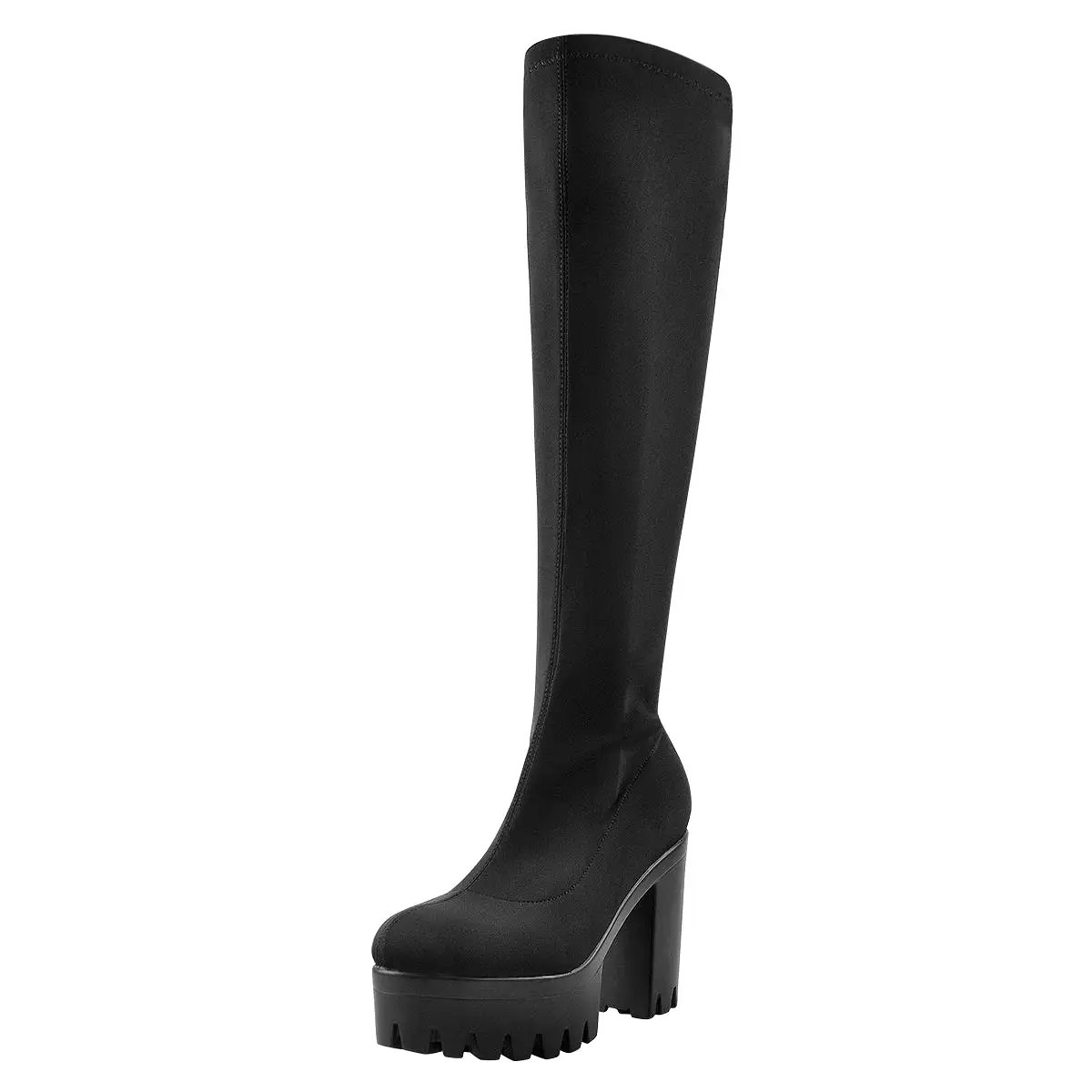 Black Platform Knee Chunky Heels Boots