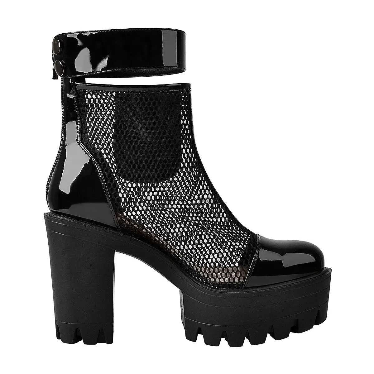 Black Platform Mesh Pocket Ankle Strap Boots