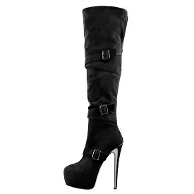 Black Suede Platform Buckle Stiletto Over The Knee High Boots