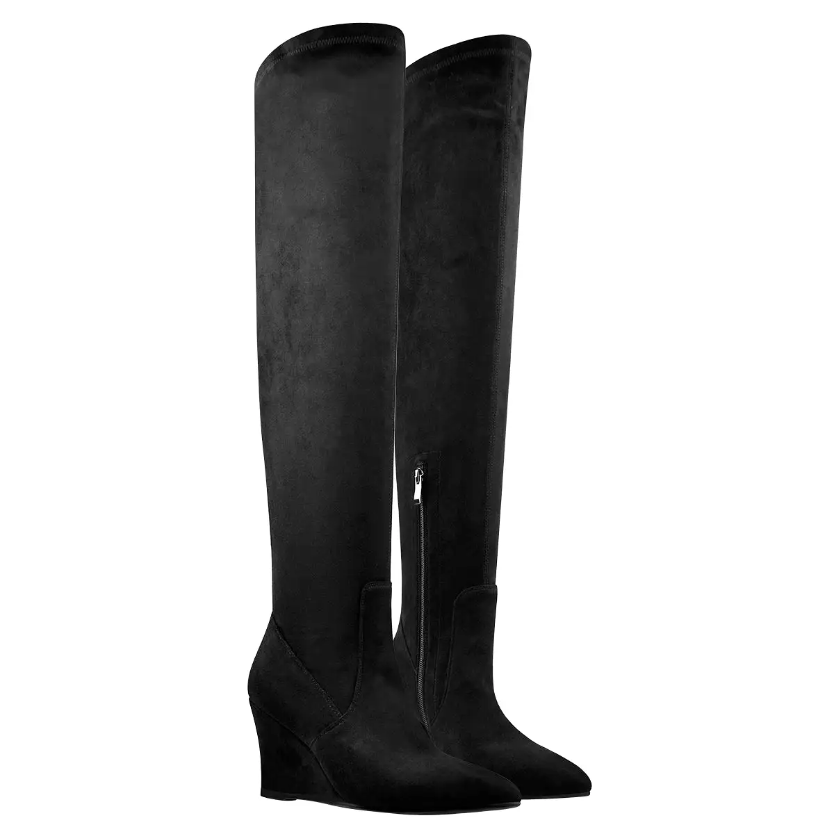 Black Suede Pointy Toe Wedge Heel Knee High Boots