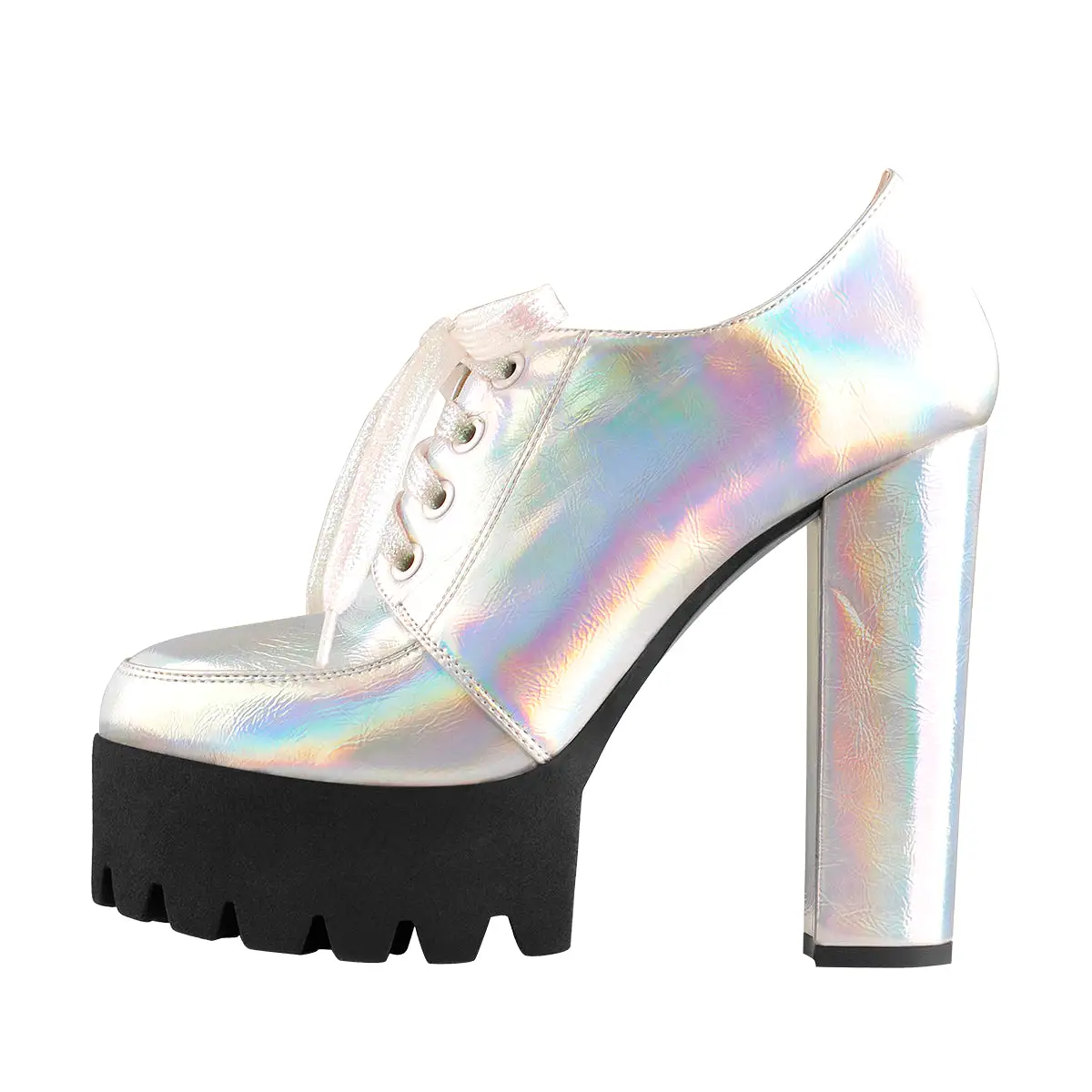 Block Heel Metallic Iridescent Round Toe Holographic Ankle Booties