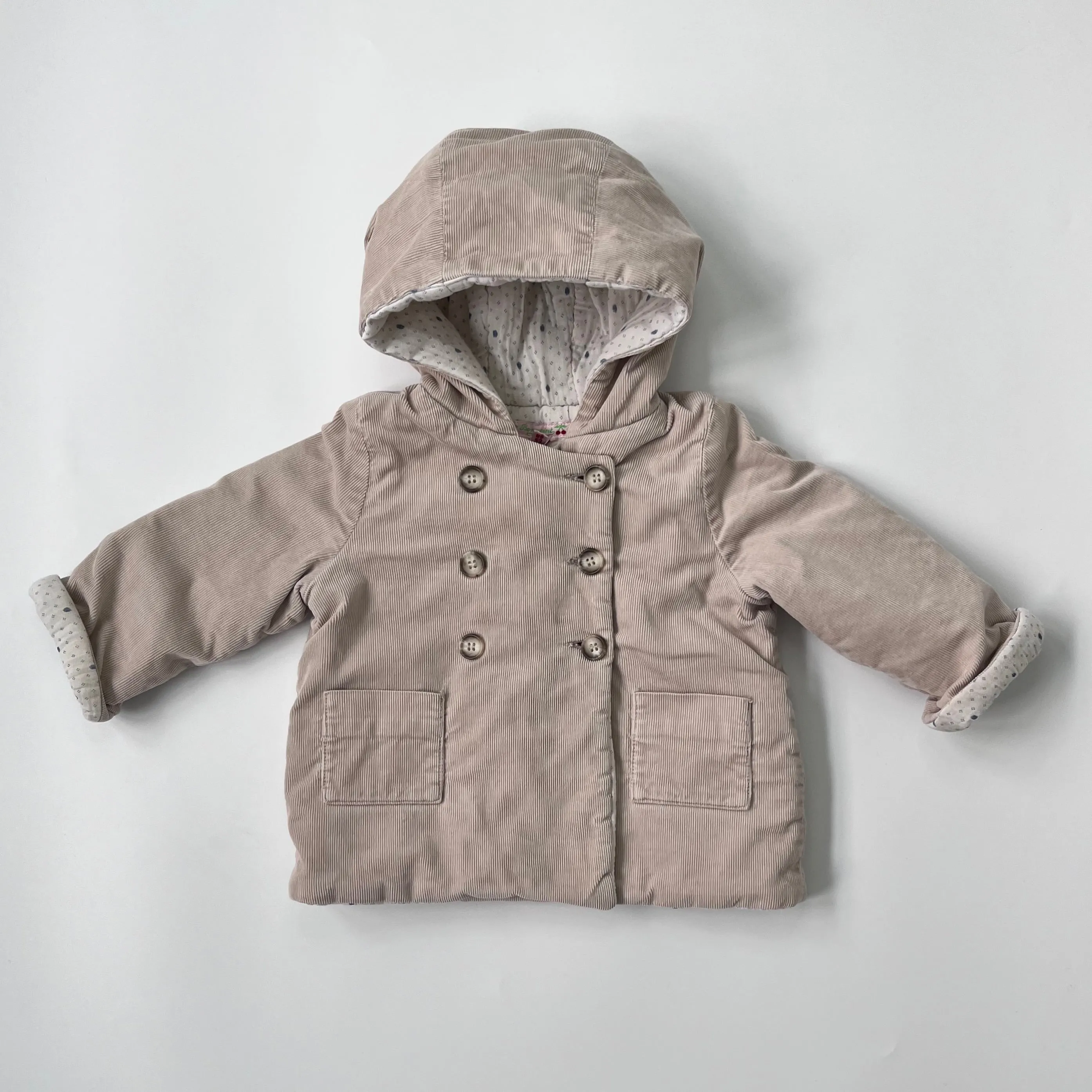 Bonpoint Beige Cord Padded Coat With Hood: 2 Years