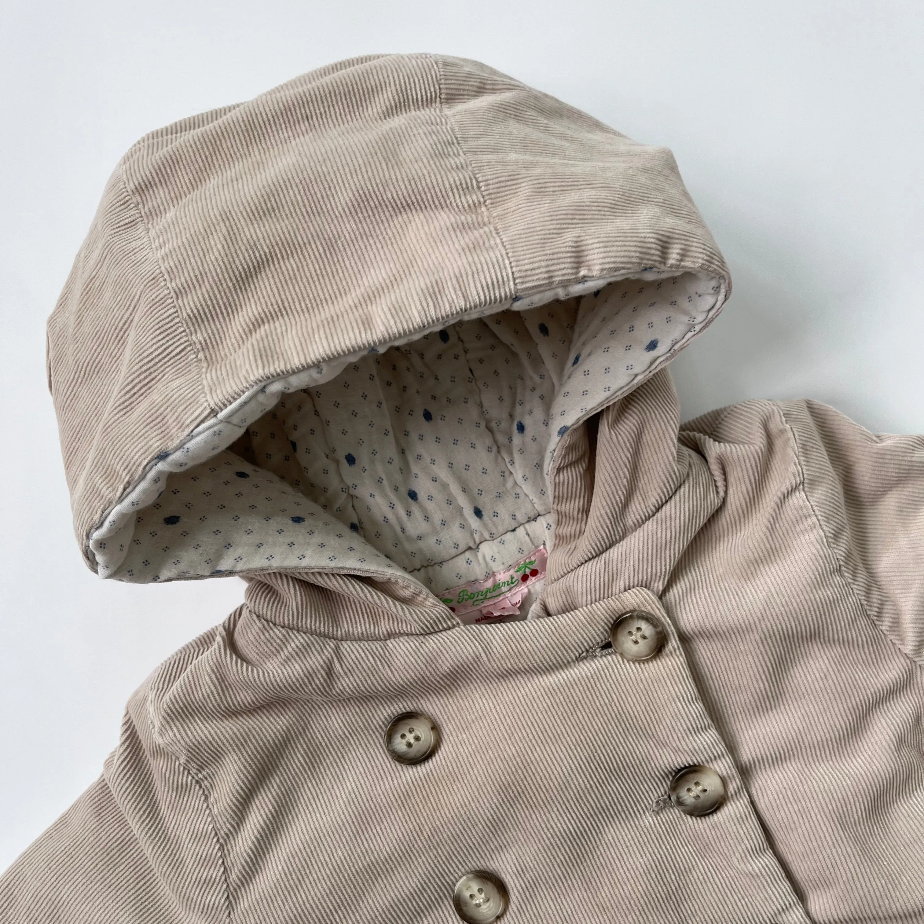 Bonpoint Beige Cord Padded Coat With Hood: 2 Years