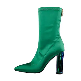 Breathable Pointed Toe Chunky Heels Green Ankle Boots