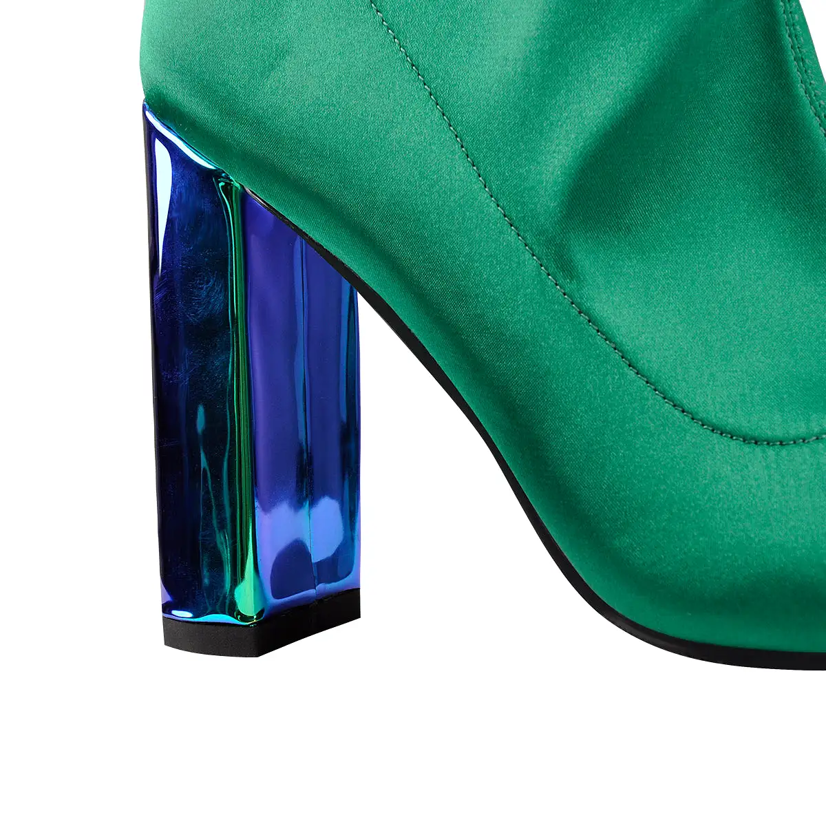 Breathable Pointed Toe Chunky Heels Green Ankle Boots