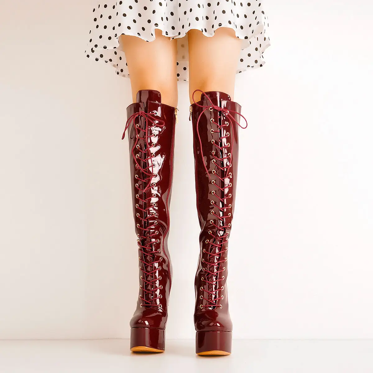 Burgundy Platform Lace-Up Knee High Boot