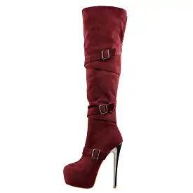 Burgundy Suede Platform Buckle Stiletto Over The Knee High Boots