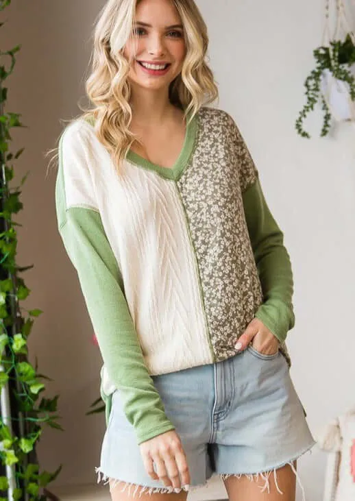 Cable Knit Meets Ditsy Floral Pretty V-Neck Top - Clearance Final Sale