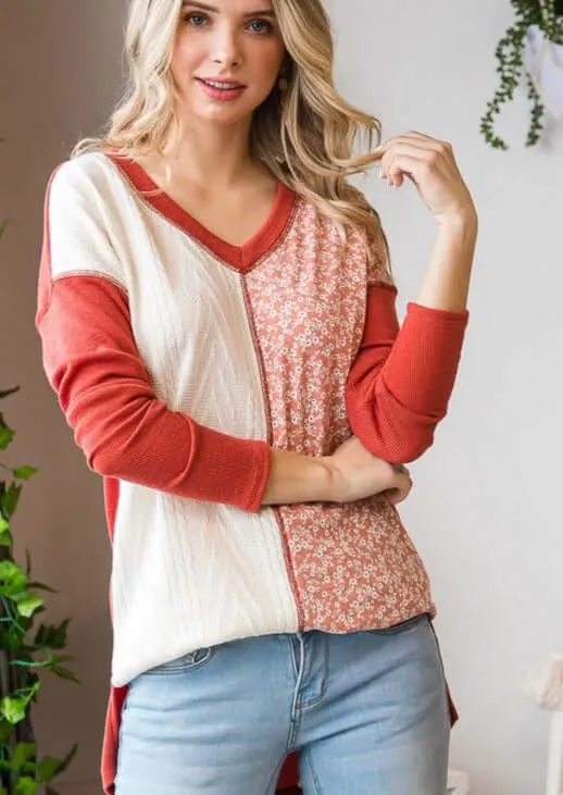 Cable Knit Meets Ditsy Floral Pretty V-Neck Top - Clearance Final Sale