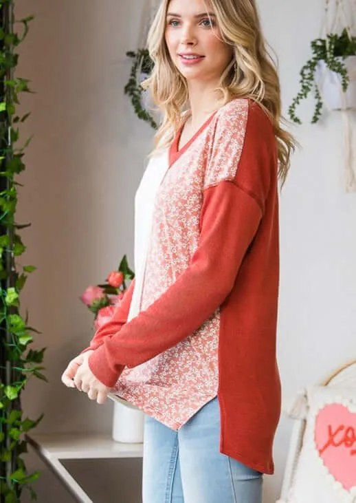 Cable Knit Meets Ditsy Floral Pretty V-Neck Top - Clearance Final Sale