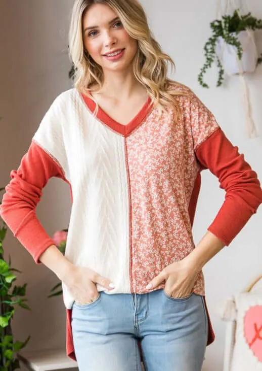 Cable Knit Meets Ditsy Floral Pretty V-Neck Top - Clearance Final Sale