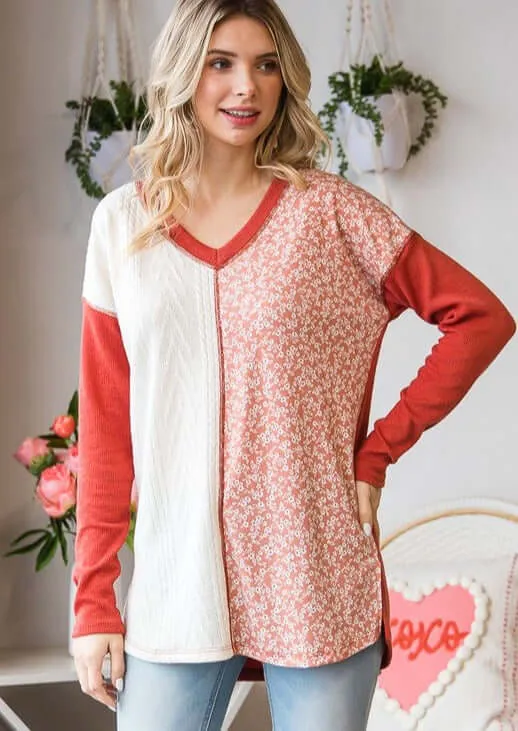 Cable Knit Meets Ditsy Floral Pretty V-Neck Top - Clearance Final Sale