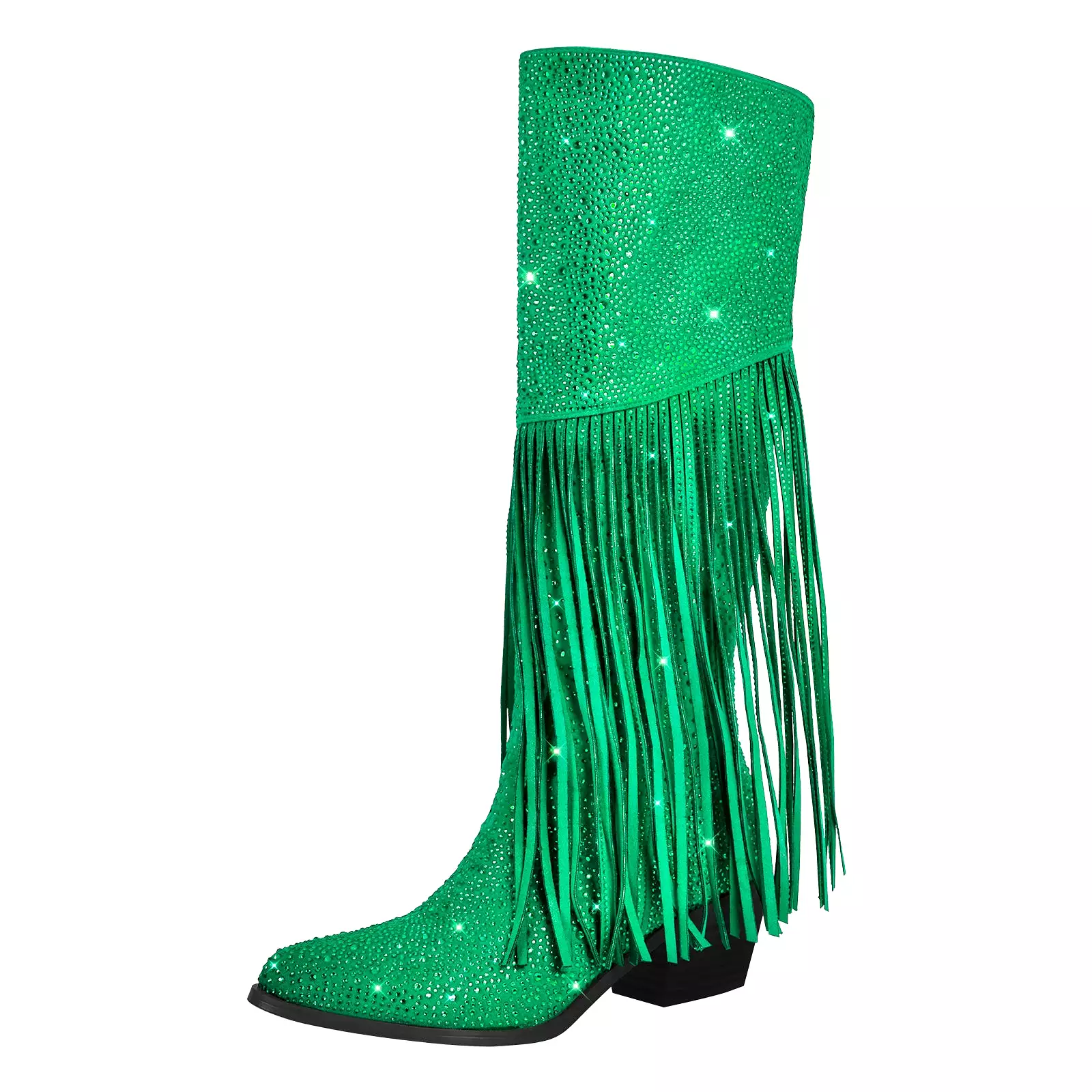 Chunky Heel Rhinestone Tassel Thigh High Boots