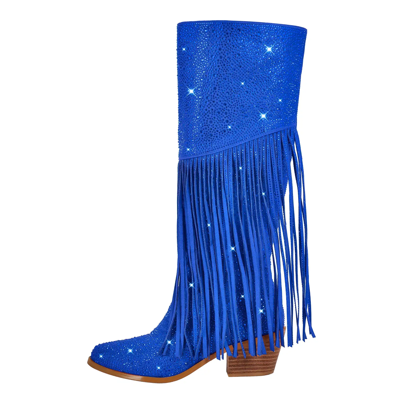 Chunky Heel Rhinestone Tassel Thigh High Boots