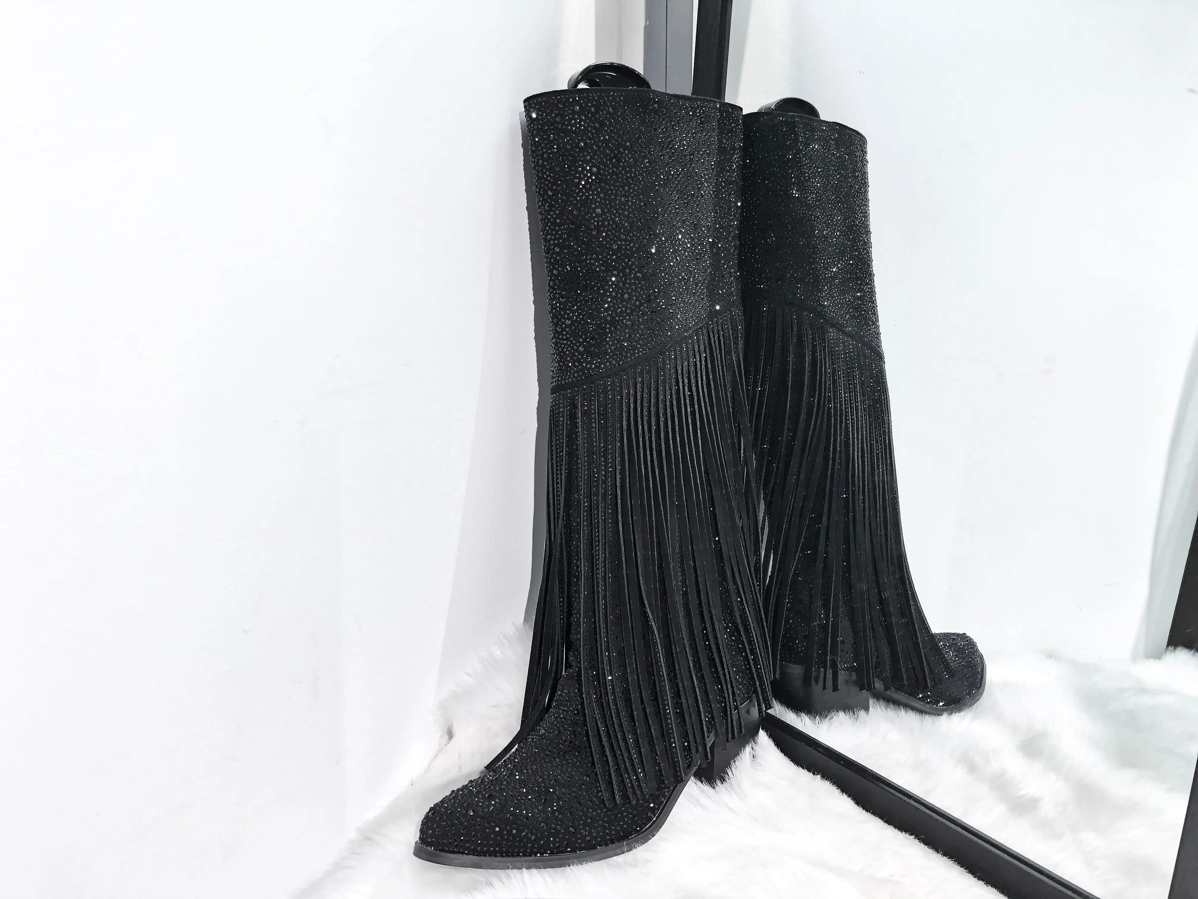 Chunky Heel Rhinestone Tassel Thigh High Boots