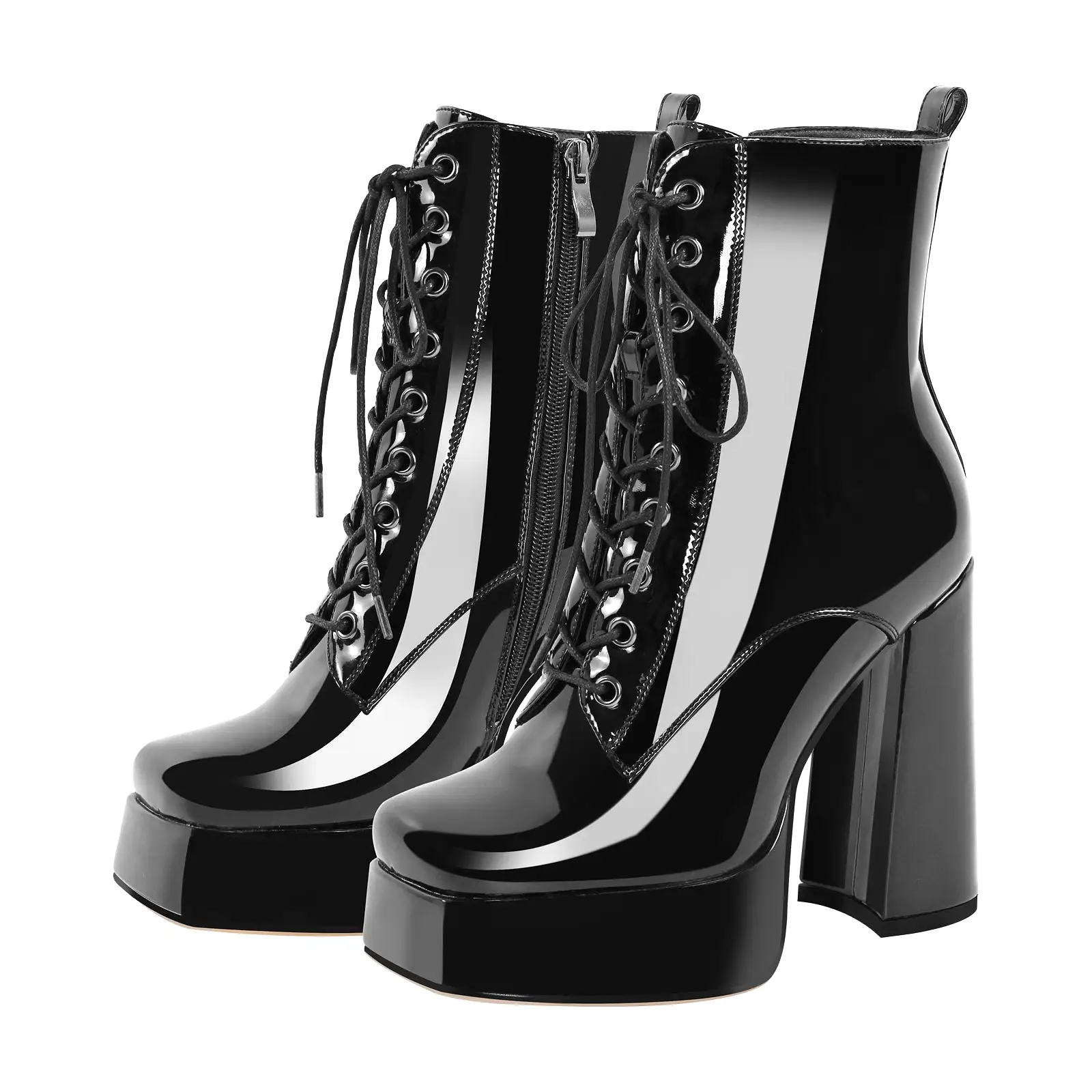 Chunky Heels Platform Lace up Metallic Ankle Boots