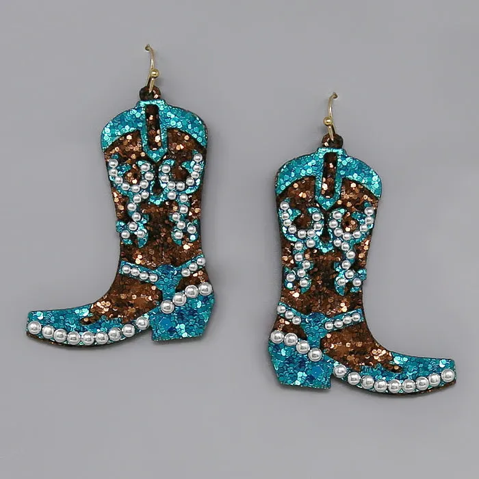 Cowgirl Boots Glitter Drop Earrings