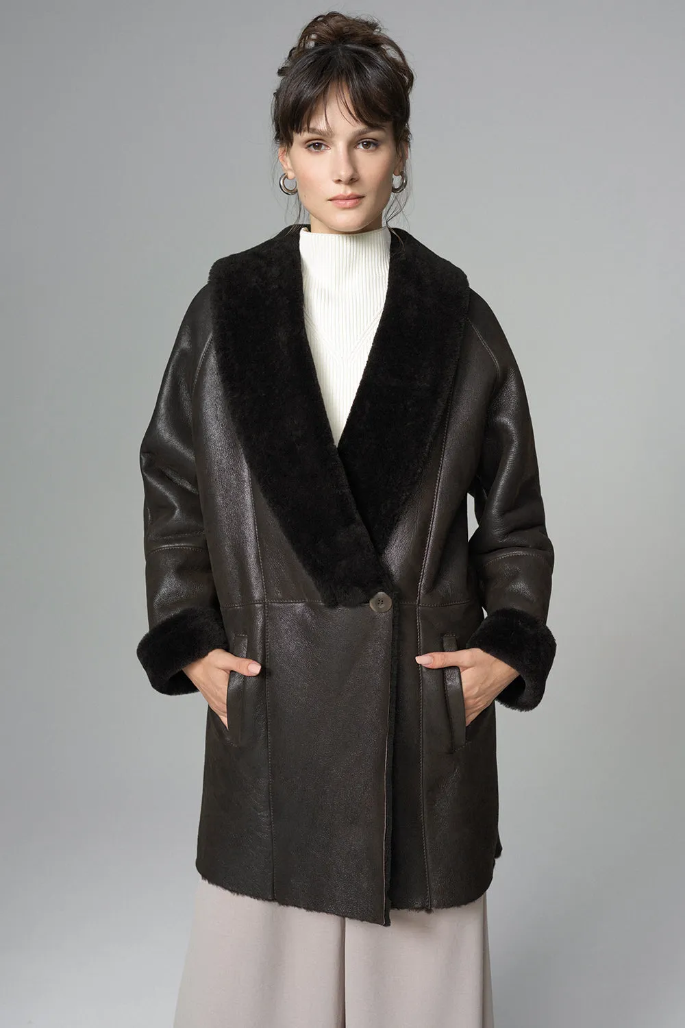 Dark Brown Lambskin Midi Coat with Merino Fur Collar