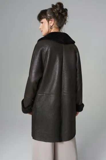 Dark Brown Lambskin Midi Coat with Merino Fur Collar