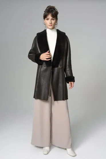 Dark Brown Lambskin Midi Coat with Merino Fur Collar