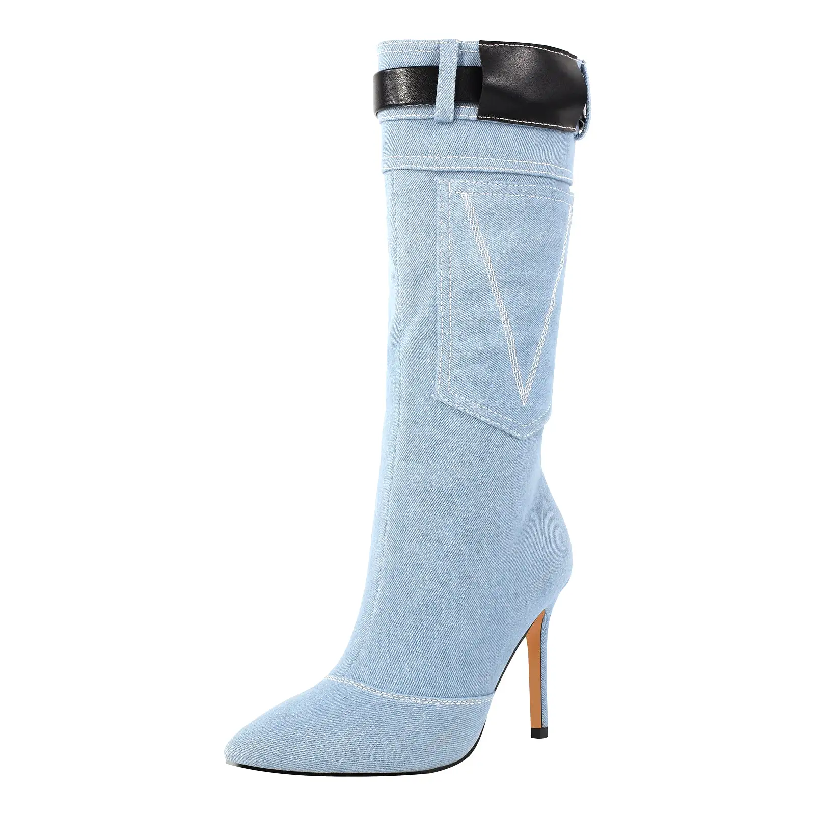 Denim Pointed Toe High Stiletto Boots