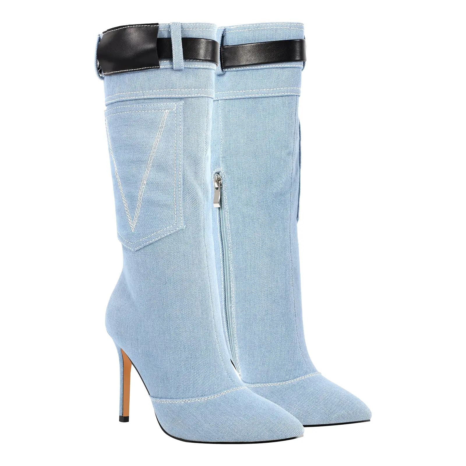 Denim Pointed Toe High Stiletto Boots