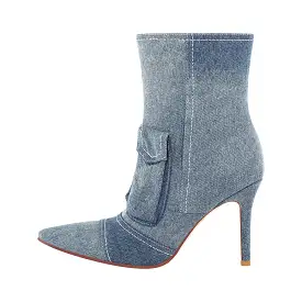 Denim Pointed Toe Zipper Stiletto Ankle Boots