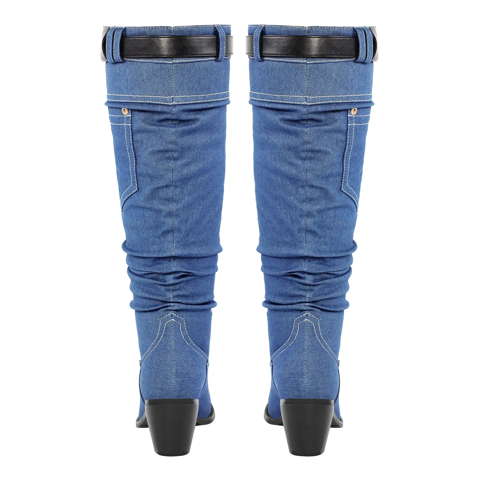 Denim Round Toe Chunky Heel Thigh Boots