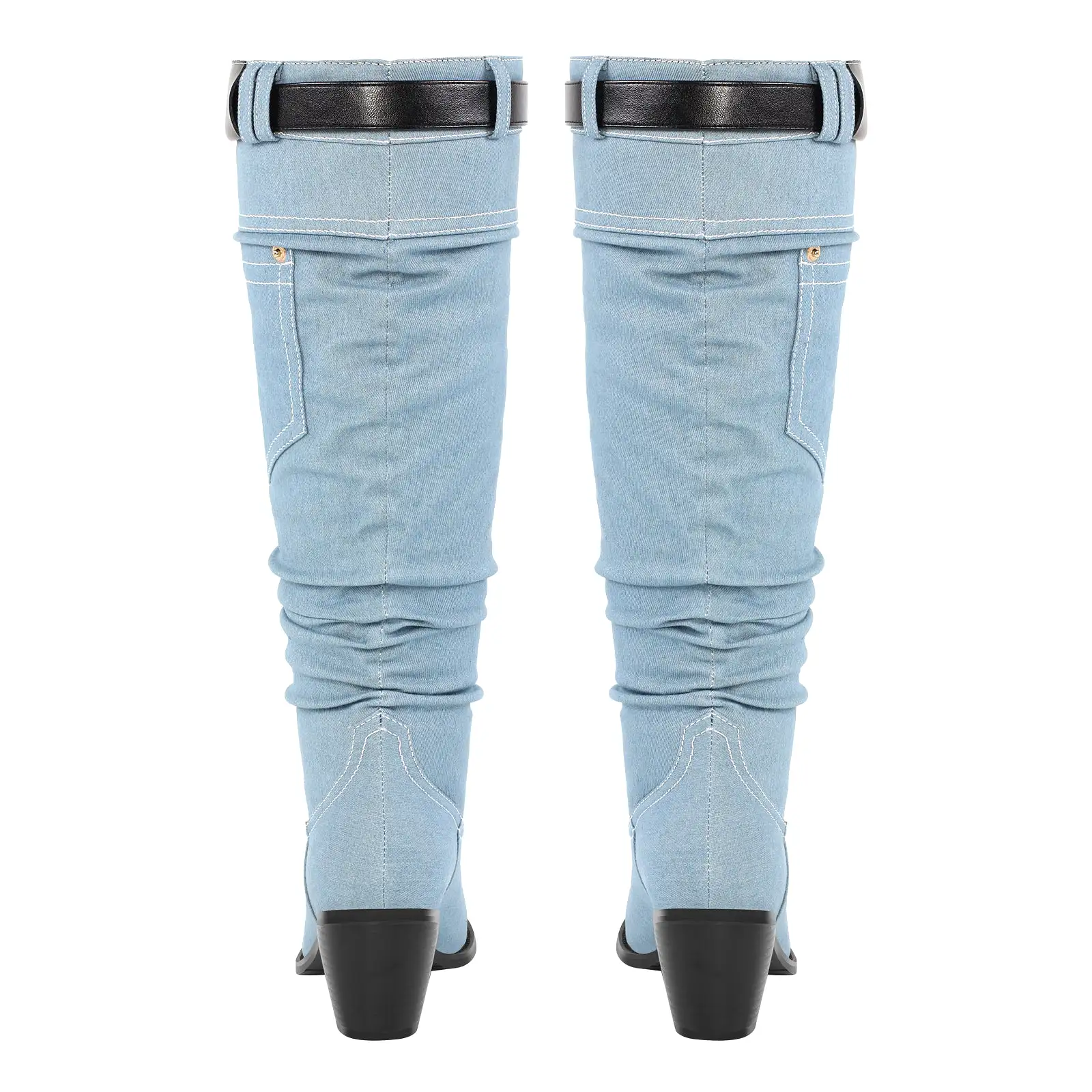 Denim Round Toe Chunky Heel Thigh Boots