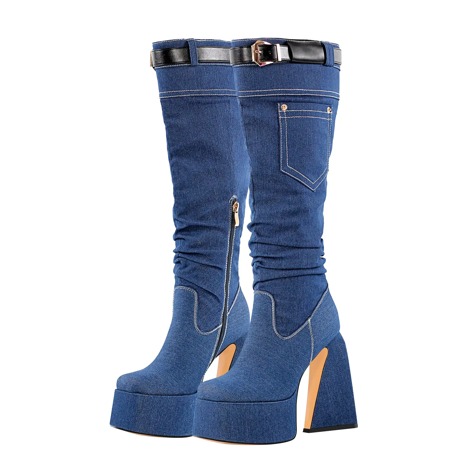 Denim Square Toe Chunky Heel Platform Boots