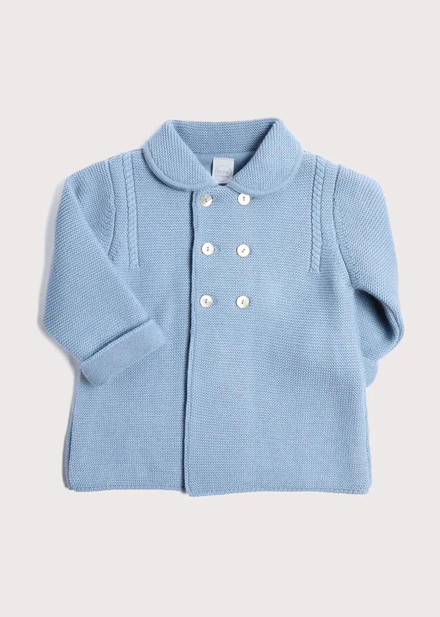 Double Breasted Knitted Mother Of Pearl Buttoned Coat in Blue (6mths-2yrs)