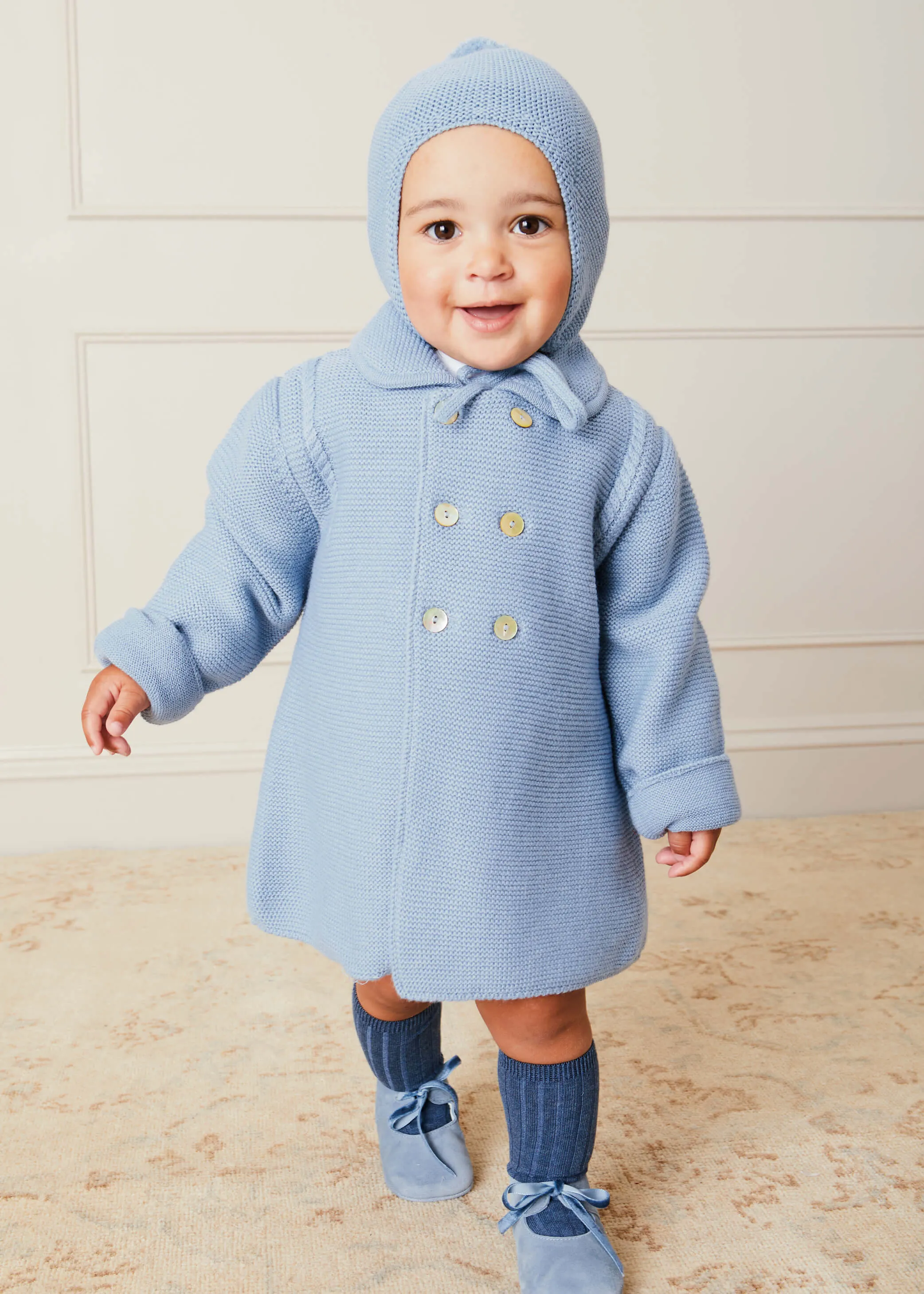 Double Breasted Knitted Mother Of Pearl Buttoned Coat in Blue (6mths-2yrs)