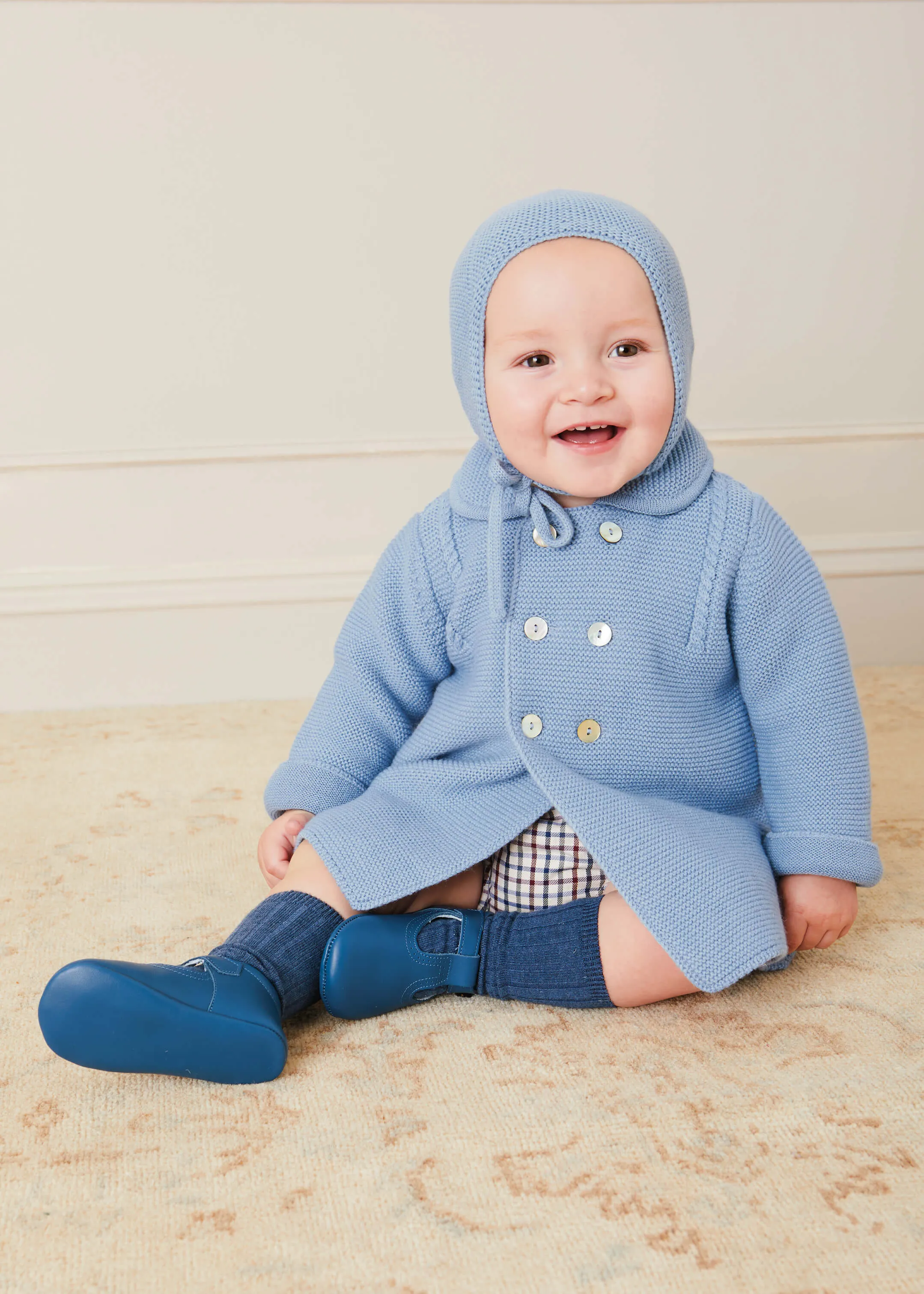 Double Breasted Knitted Mother Of Pearl Buttoned Coat in Blue (6mths-2yrs)