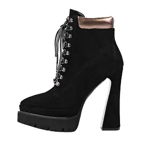 Double Platform Pointed Toe Lace-up Ankle Boots