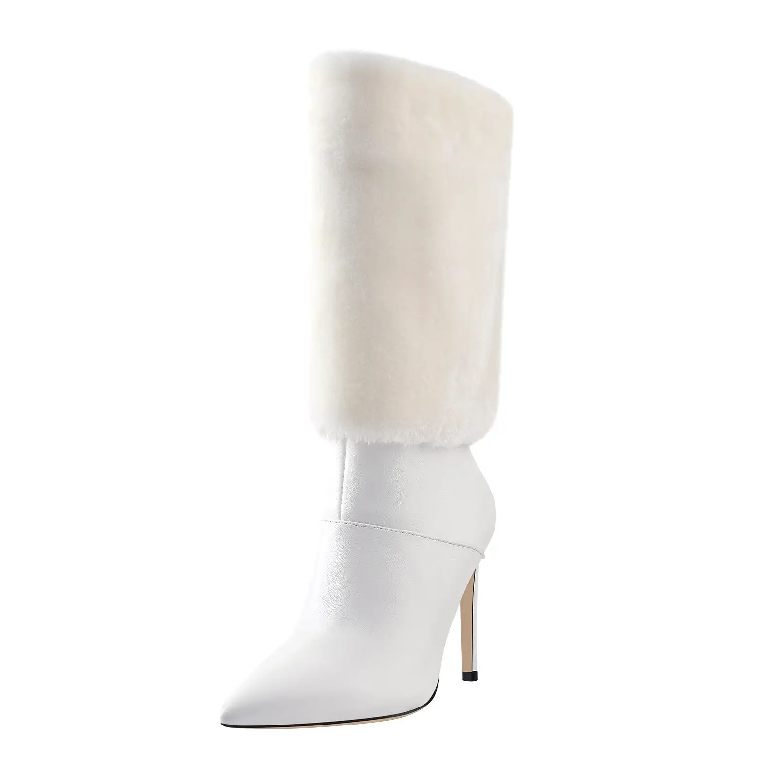 Downy White Black Pointed Toe High Heel Stiletto Boots