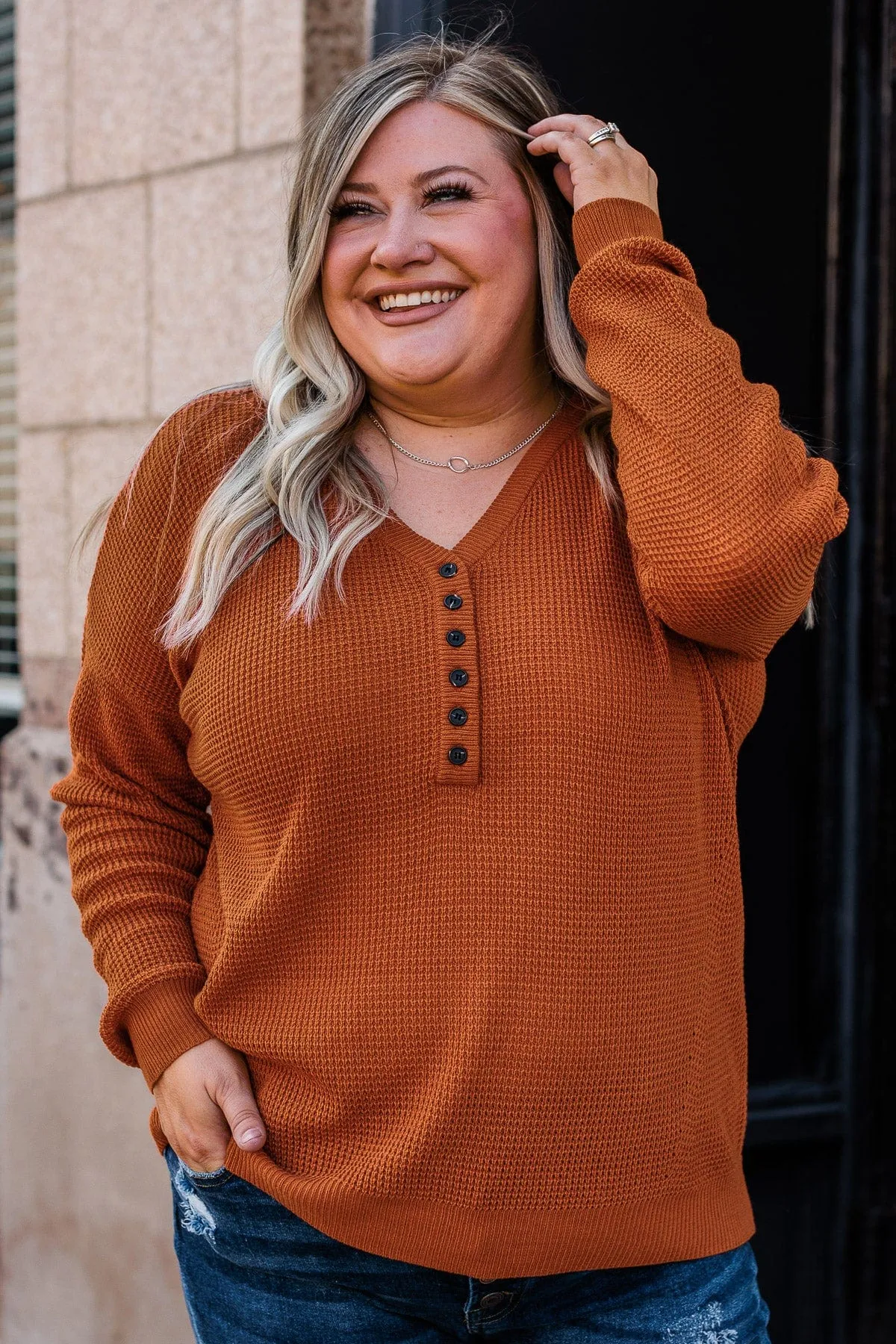 Enticing Looks Button Sweater- Rust