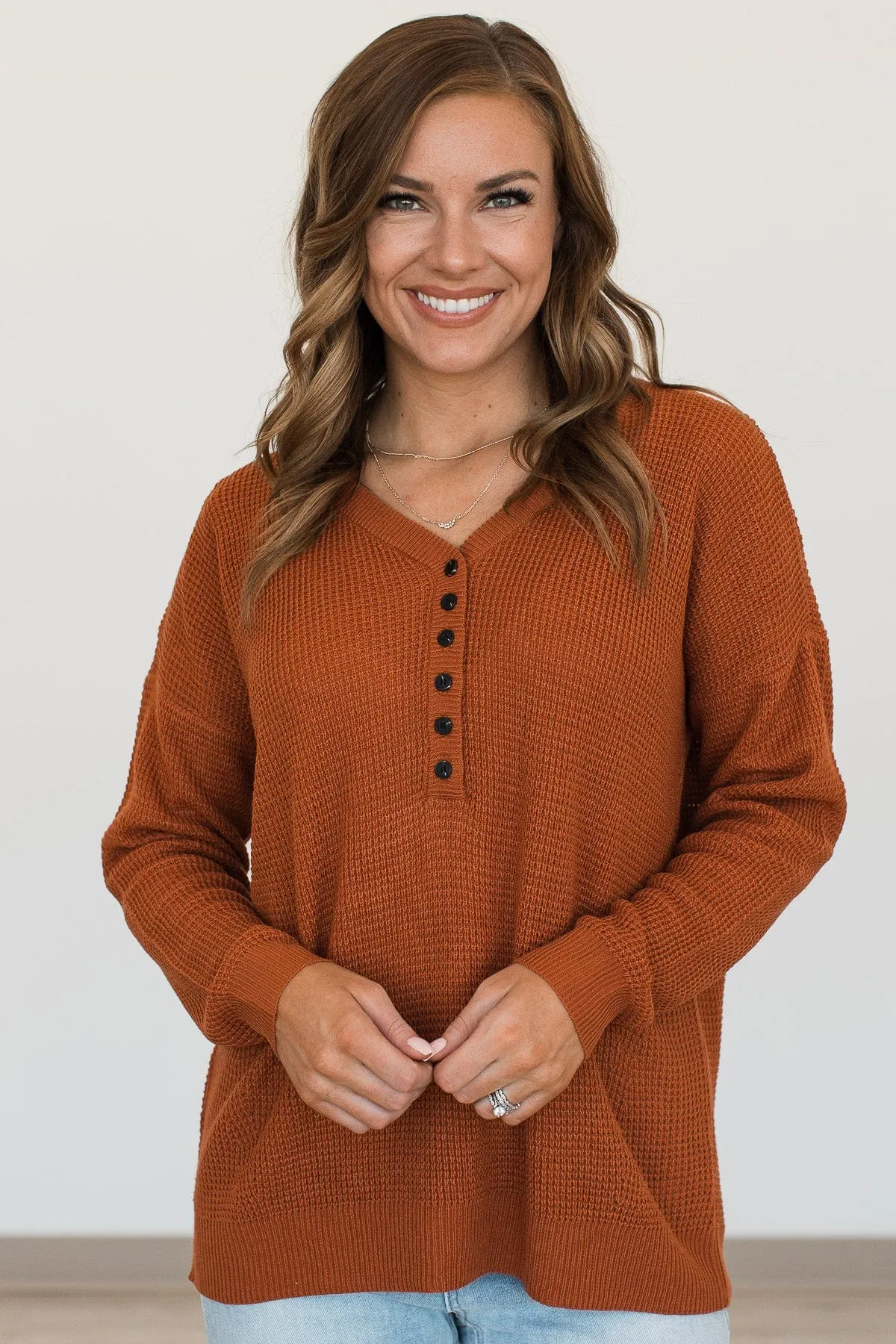 Enticing Looks Button Sweater- Rust