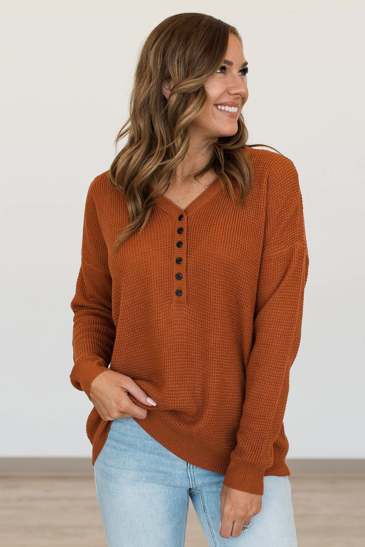 Enticing Looks Button Sweater- Rust