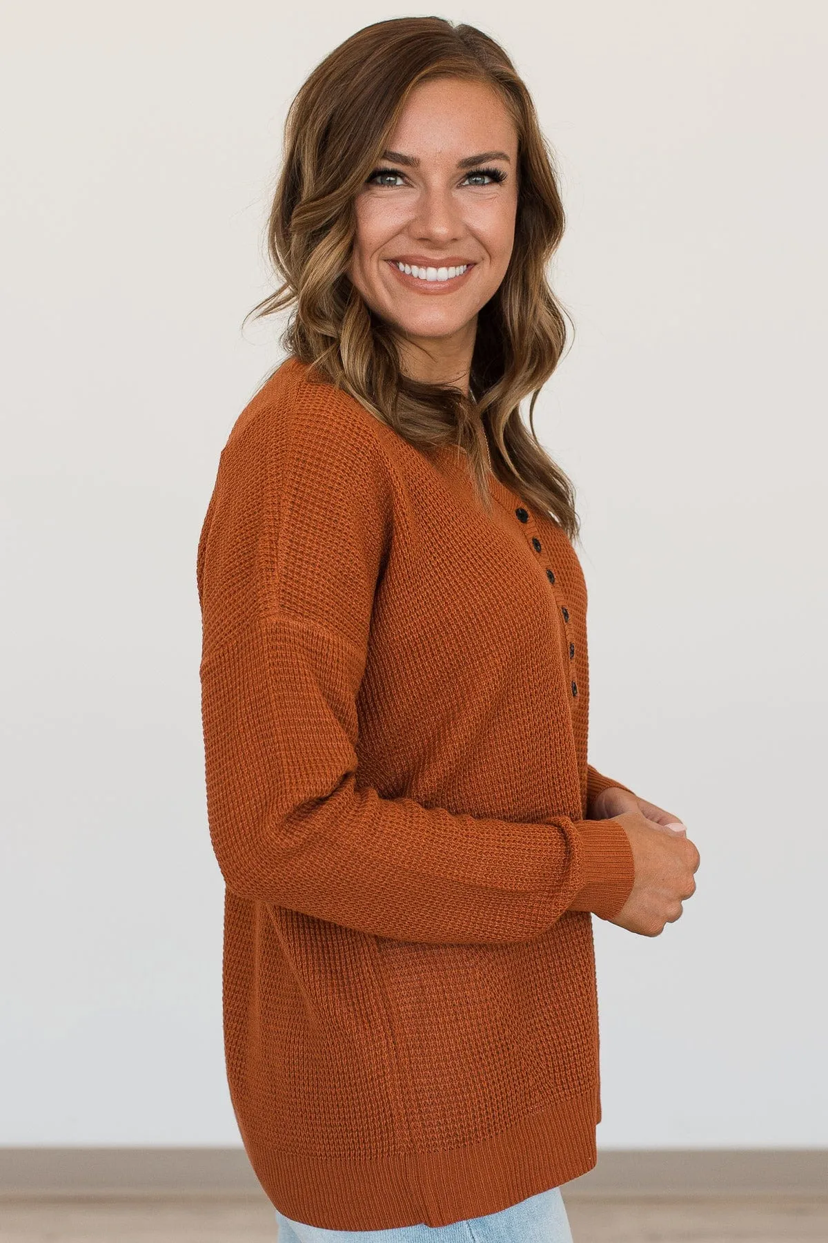 Enticing Looks Button Sweater- Rust