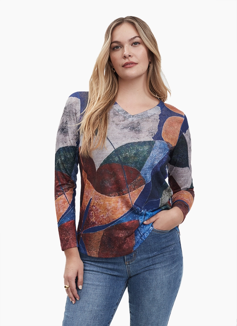 FDJ Printed Long Sleeve V Neck Top