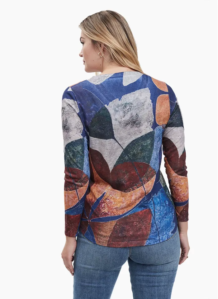 FDJ Printed Long Sleeve V Neck Top