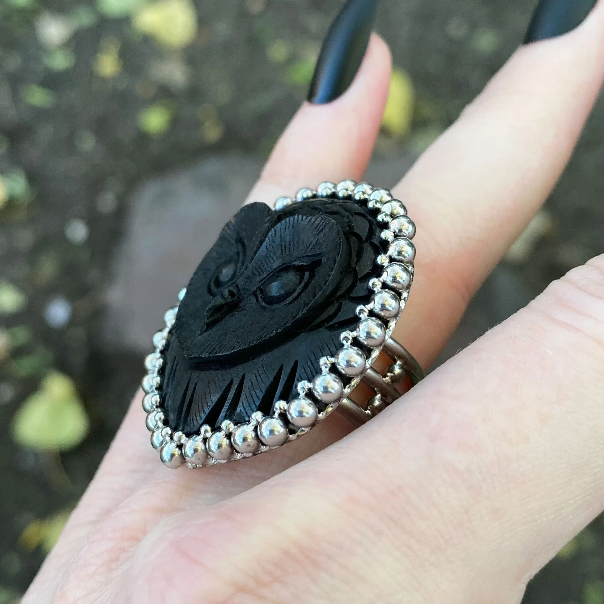 GEMSTONE Carved Black Horn Owl Ring: Size 8